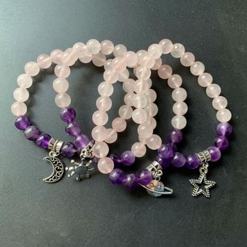 Rose Quartz Purple Amethyst Tibetan Silver Moon Star Planet Bracelet Elastic Stretch Yoga Energy Balance Bracelet 1pc