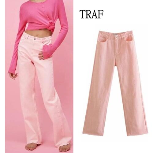 TRAF Za Woman 2021 Pants Spring Summer High Waisted Pants Women y2k Pink Jeans Fashion Button Zip Casual Loose Wide Leg Trouser