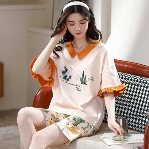 BZEL Womens Pajamas Cotton Sleepwear Suit Home Clothes Floral Print Pijama Mujer Summer Pyjamas Femme Nightwear XXXL