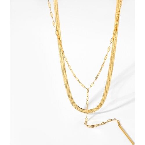 14k Gold Plated Stainless Steel Double Layer Snake Chain Stick Pendant Necklace For Women Girls Minimalist Statement Chokers