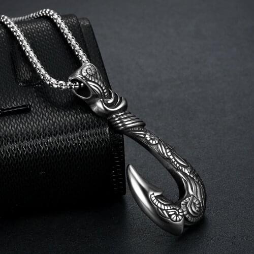 CFBulongs Men Stainless Steel Anchor Fish Hook Necklace Punk Jewelry Heavy Metal Sliding Pendant Accessories Creative Gift