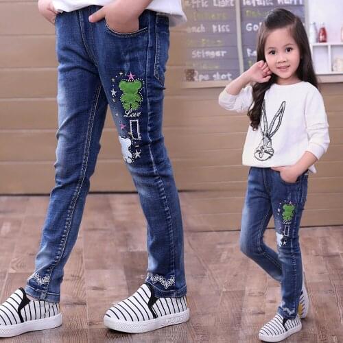 2019 spring New Kids Girls Jeans Pants Girls Sweet Cartoon bear embroidery lace Denim Trousers children clothes