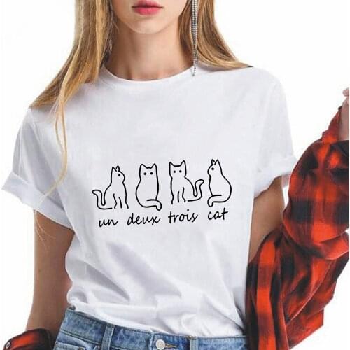 Four cute kittens Cat Printed Tshirt Best UN DEUX CAT Letter Short Sleeve T Shirt Summer Comfortable Modern Clothes Hipster