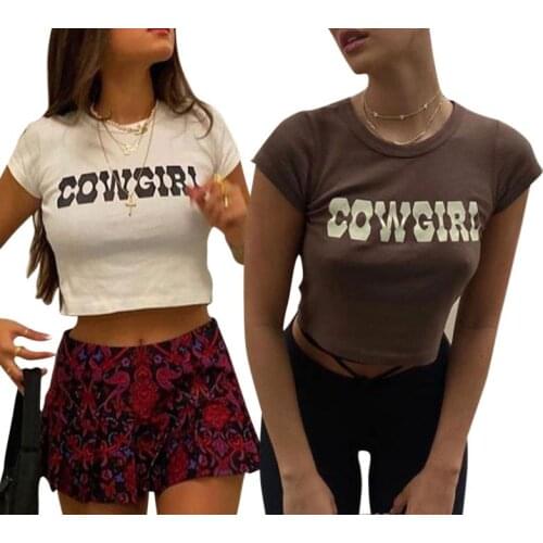 Summer Women Crew Neck Short Sleeve T-Shirts CropTopsSexy Letter Printed Slim Fit Short Tees T-shirts