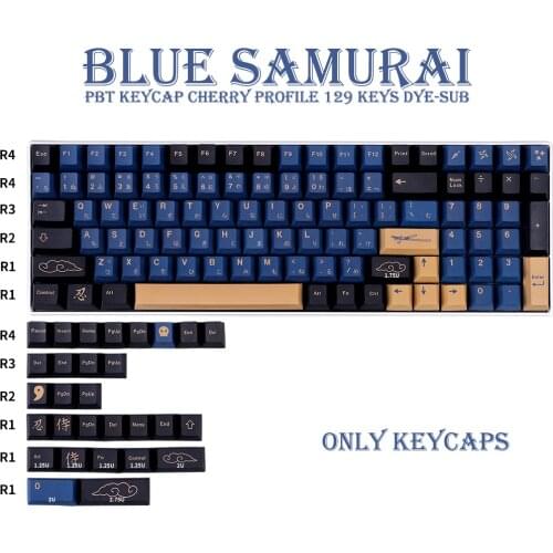 129 Keys DYE-SUB Cherry Profile PBT Keycap Personalized BLUE/RED Samurai KeyCaps For Cherry MX Switch Mechanical Keyboard