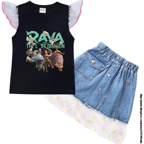Raya and The Last Dragon Baby Girls Clothes Set Sleeve T-shirt+Denim skirt Toddler Kids Cartoon Outfits Suit Children Tracksuit