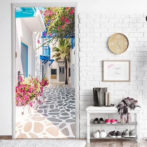 Small Town Red Flower Scenery Creative 3D Door Stickers Stickers Bedroom Study Bathroom Door Concealer Renovation Wall Stickers