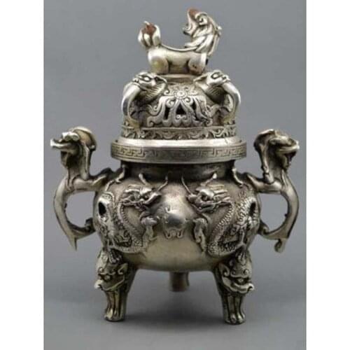 CHINESE BUDDHISM MANUAL OLD SILVER COPPER DRAGON LION INCENSE BURNER
