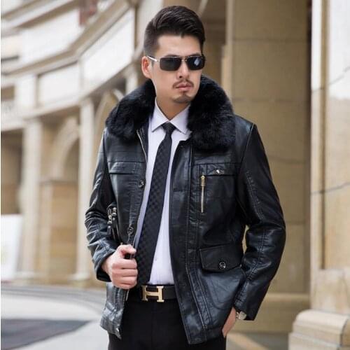 Winter thicken warm leather jacket men clothing chaqueta cuero hombre mens single-breasted coats fur collar black brown casual