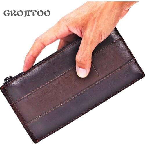 GROJITOO Hot-selling genuine leather multi-card card bag Mens hand bag long folding wallet ultra-thin card bag Coin Purse