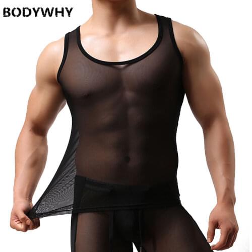 Mens Mesh Transparent Vest Sleeveless Vest Slim Sexy Home Mens Underwear Mens Sexy Bodysuit