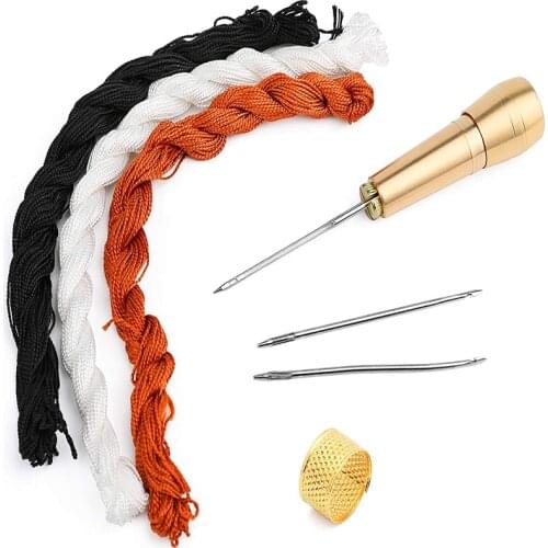 MIUSIE 3 Needles Copper Handle Sewing Awl Hand Stitcher Shoe Repair Tool With Nylon Cord Thread For DIY Leather Sewing Repairing