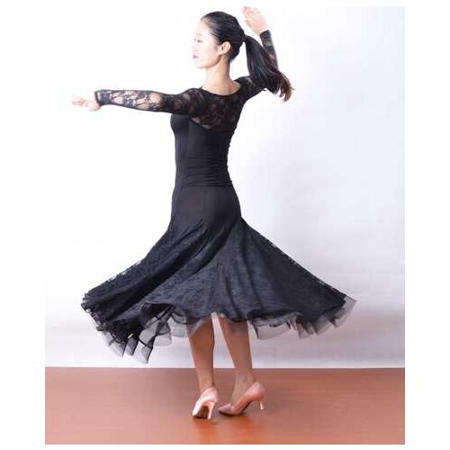 Ballroom dance modern dance lace sleeve collar crinkle back dress W13012 pendulum modern fishnet dress hem