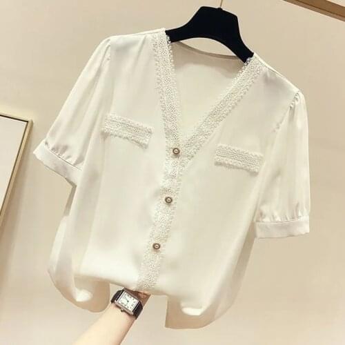 V-neck Chiffon Blouse Shirts Women Crocheted Wild Short-sleeved Chiffon Shirts Ladies Summer Chiffon Shirts Tops Plus size S-4XL