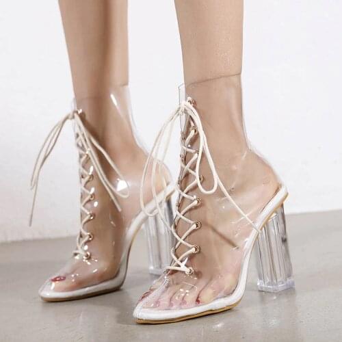 Sandals For Girls Cool Boots High Heels Sandals Crystal Thick Heel Sandals Female Transparent Shoes Roman Cross-strap Lady Shoe