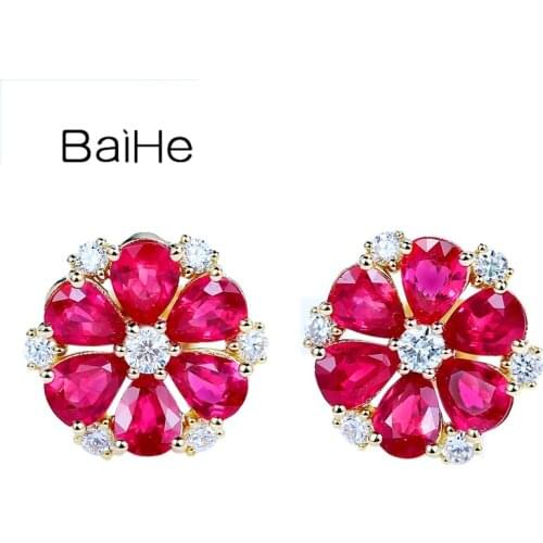 BAIHE Solid 14K Yellow Gold 1.4ct Natural Rubis 0.24ct Natural Diamonds Wedding Fine Jewelry flower Diamond Ruby Stud Earrings