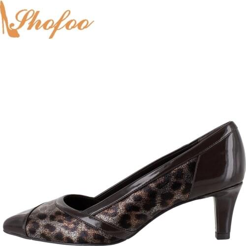 Metallic Leopard Pumps High Kitten Heels Women Patent Leather Pointed Toe Large Size 12 15 Ladies Fashion Mature Shoes Shofoo
