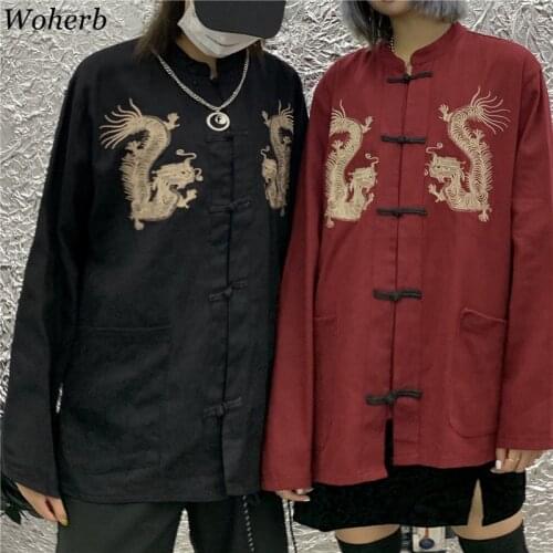 Woherb Harajuku Dragon Embroidery Blouses 2020 New Women Men Shirt Chinese Style Blouses Long Sleeve Tang Costume Blusas Tops