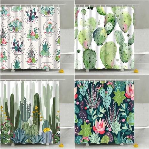 Tropical Plants Cactus Print Shower Curtain for Bathroom Waterproof Bathtub Curtains Polyester Fabric Green Leaves Home Decor