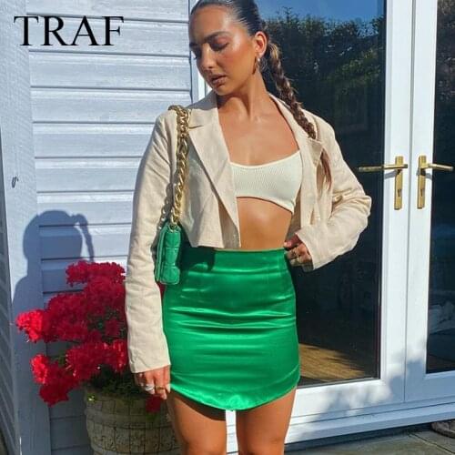 TRAF 2021 Summer Womens Skirt Fashion Za Office High Waist Short Skirt Satin A-line French Fashion Vintage Sexy Mini Skirt