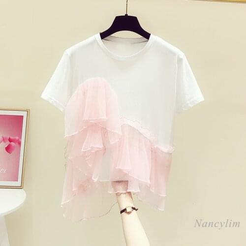 Sweet Pink Ruffles Stitching Round Neck Short Sleeve T-shirt Female 2021 Summer New Casual All-Matching Tops White Tees