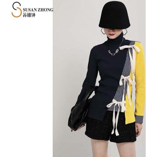 Women Pullovers Female Sweaters Lady Tops Japan Style Designer Fall Spring Slim Turtle Neck Color Combination Spliced Bow Cotton