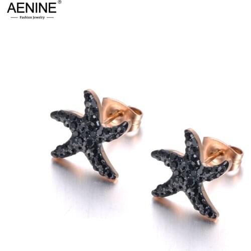 AENINE Bohemia Rose Gold White/Black Clay Shiny Crystal Starfish Stud Earrings For Women Office Girls Earrings Jewelry AE19096