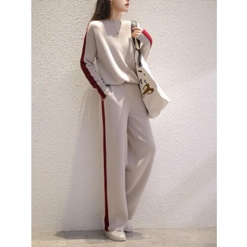 Winter New Knitted Women Two Pieces Set Casual Hit Color Wear Sweaters and Wide Leg Pants Lady Pant Suits High Quality