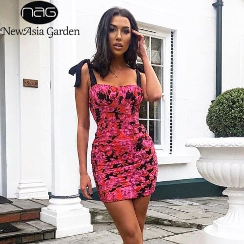 NewAsia Garden Print Bodycon Dress Women Backless Dress Ruched Dress Hot Pink Mini Streetwear Sleeveless Lace Up Spaghetti Strap