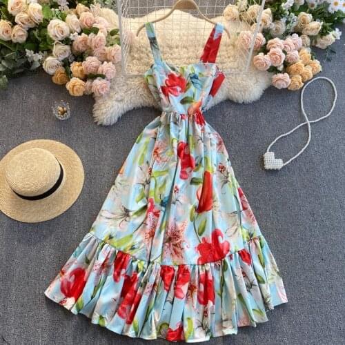 2021 Summer Seaside Holiday Dress Temperament Square Collar Print Slim Mid-length Ruffled Large Swing Suspender Dresses