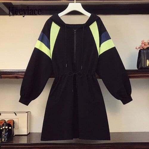 Plus Size Women Casual Hoodie Sport Cotton Dress 2021 Winter Long Sleeve Fashion High Waist Dress Patchwork Sweatshirt Dresses