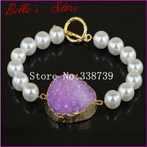 1pc Fashion White Freshwater Pearl Toggle CLasp Bracelet Nature Druzy Stone Bracelet Drusy Quartz Bangle