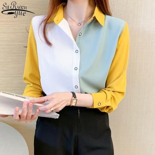 Blusas 2021 Korean Long Sleeved Chiffon Shirt Women Splicing Color Singel Breasted Womens Blouse Autumn Lapel Top Female 11987