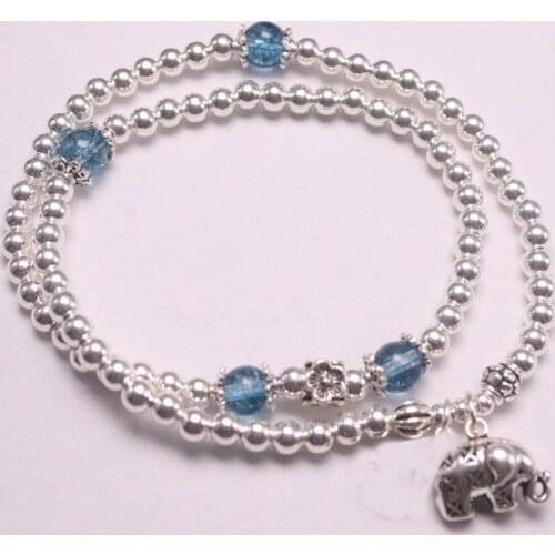 Real Silver 925 Bracelet Chain For Women Girl Silver Small Beads Blue Crystal Beads Lucky Bracelet Charms elephant