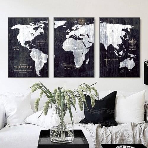 World Map Black and White Pictures Classic Style Canvas Paintings Modern Home Wall Decoration Posters Frameless