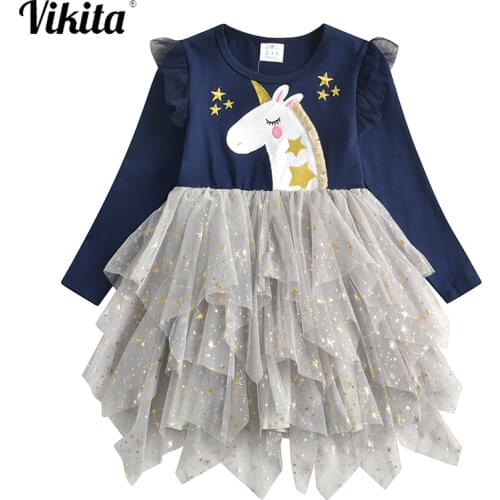 VIKITA Kids Tutu Dress for Girl Children Licorne Cartoon Dress Girls Birthday Party Princess Dresses Children Autumn Clothes