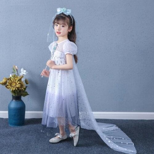 Child Girl Frozen 2 White Elsa Anime Cartoon Princess Dress Birthday Gift Starry Sky Dress for Halloween Cosplay Costume
