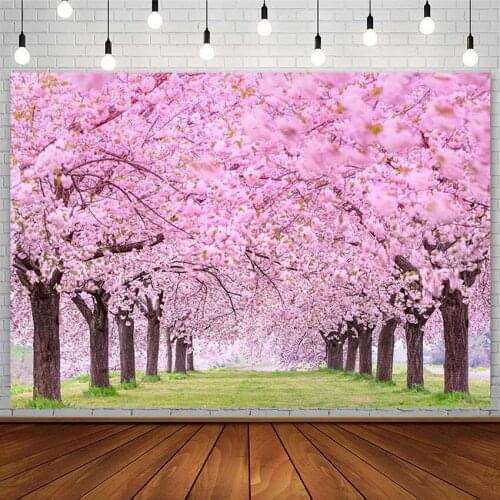 Pink Cherry Blossom Forest Photography Background Natural Scenery Grass Decor Portrait Backdrop Photozone Photocall Photo Studio