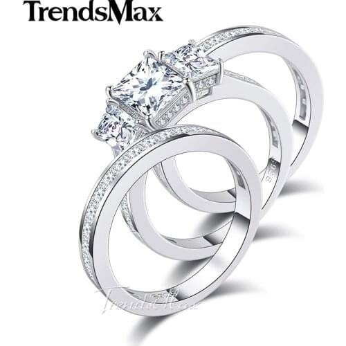 Trendsmax Princess Cut Cubic Zirconia Women Girls Band Ring Silver Color Wedding Engagement 3.68-11.77 Carat KSRM05