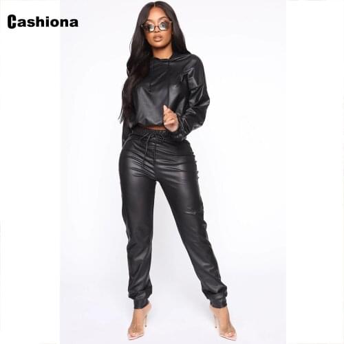 Sexy Faux Pu Leather Women Two Piece Set 2021 New Spring Long Sleeve Hooded Tops High Waist Pants Set Woman Tracksuit Streetwear