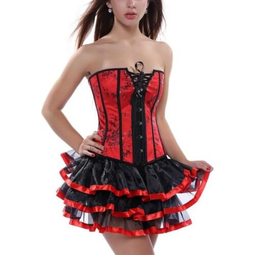 Fashion Sexy Overbust Corset Set Halloween Bustier Dancer Dress Skirt Flower Fancy Costume Gothic Women Vintage Lingerie