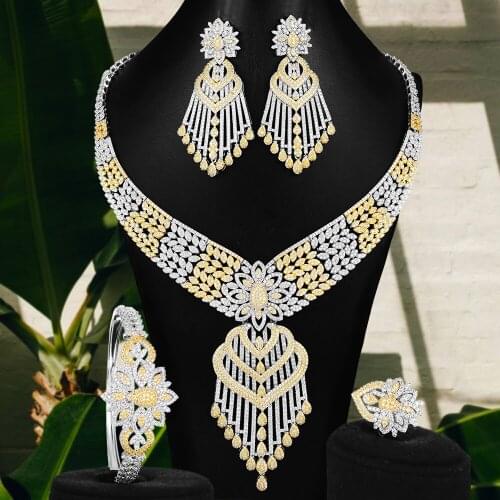 Blachette Dubai Fashion 4PCS Luxury Feather Jewelry Sets For Women Bridal Wedding Celebration African Indian Cubic Zirconia
