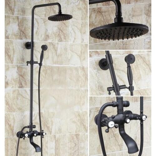 Black Oil Rubbed Brass Wall Mount 8" Rain Bathroom Rainfall Shower Faucet Set with Hand Spray Shower Head Tub Mixer Tap 2hg105