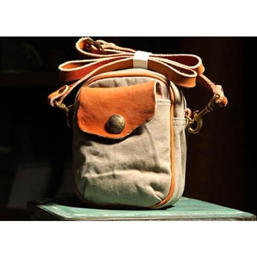 Original handmade mens messenger bag vertical square mini leather stitching canvas distressed shoulder bag