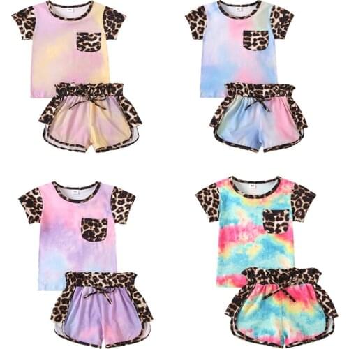 1-6T Kids Girl Clothes Baby Summer Leopard Print Clothing Set Tie-dye Short Sleeve O-neck T-shirt + Elastic Waist Shorts