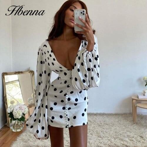 Hbenna Dot Dress Women Long Lantern Sleeve Mini Party Dresses V-Neck Elegant Sexy Bodycon Dress White Dot Print Slim Front Butto