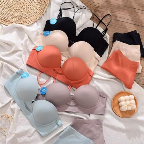 Sexy lingerie set glossy and seamless beautiful back underwear womens gathered adjustment no steel ring anti-sagging bra set