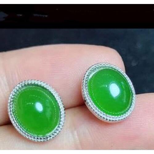 Xinjiang Natural Hotan Jade Stud Earrings S925 Silver Inlaid Jasper Apple Green Stud Earrings