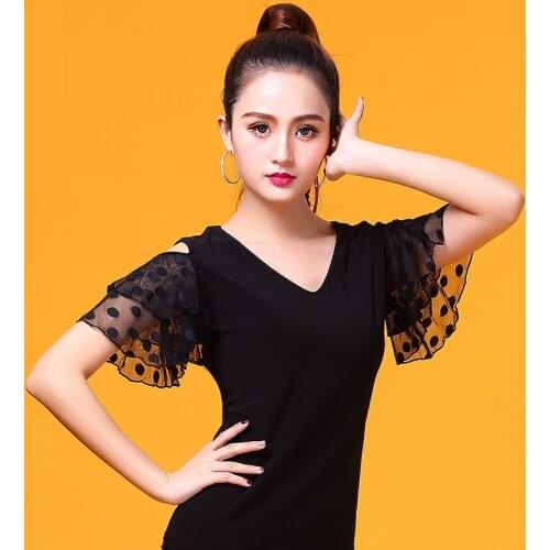 Black V-neck short sleeve Modern latin dance clothes top for women/female dancers,vogue Ballroom Costume performance wear YR0303