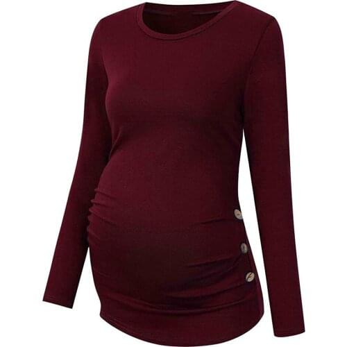 Womens Maternity Tunic Tops Mama Clothes Flattering Side Ruched Long Sleeve Scoop Neck Pregnancy T-shirt Casual Loose Tops D20